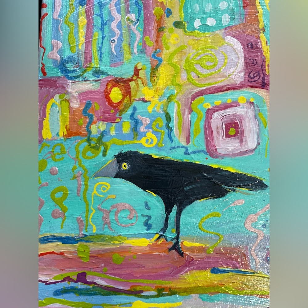 “Choose Happiness “Large Original Acrylic Painting 18”x14” With Crow - Picture 5 of 11